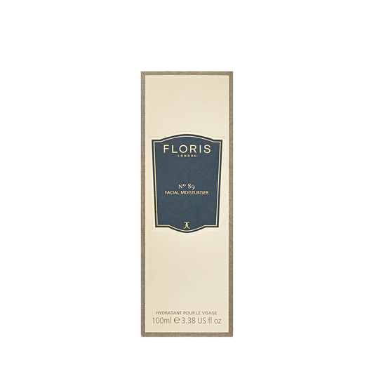 Floris London No. 89 Facial Moisturiser, 100ml, in a beige box with blue and gold label; enriched with borage oil for smooth, hydrated skin.