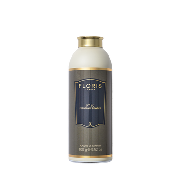 Floris London No. 89 Fragrance Powder, 100g, soothes and protects skin with gentle aloe vera; features a gold cap and dark label.