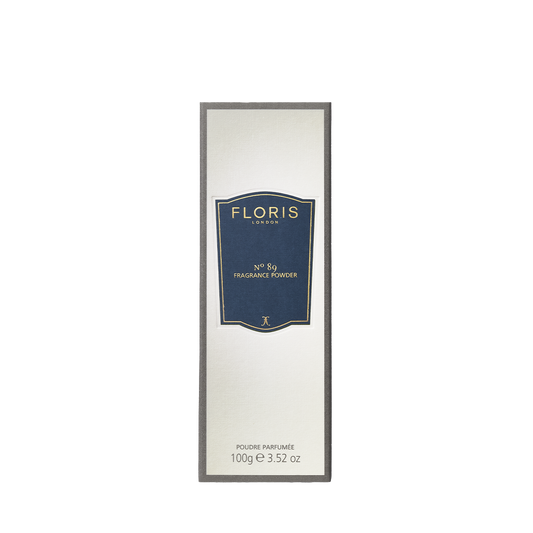 Floris London No. 89 - Fragrance Powder, 100g, comes in a rectangular box with a blue and silver label to soothe and protect skin.