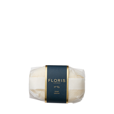 The No. 89 - Luxury Soap by Floris London is a finely milled, fragranced bar in white packaging with a dark blue and gold label.