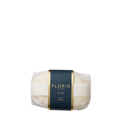 The No. 89 - Luxury Soap by Floris London is a finely milled, fragranced bar in white packaging with a dark blue and gold label.