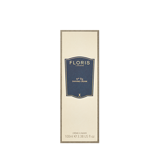 Floris London No. 89 - Shaving Cream 100ml, enriched with aloe vera and the signature No.89 scent, comes in a beige box with a navy label.