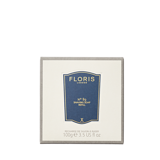 Floris London No. 89 - Shaving Soap Refill, 100g, shea butter in a square box with cream packaging, blue label, and a classic gentleman's scent.