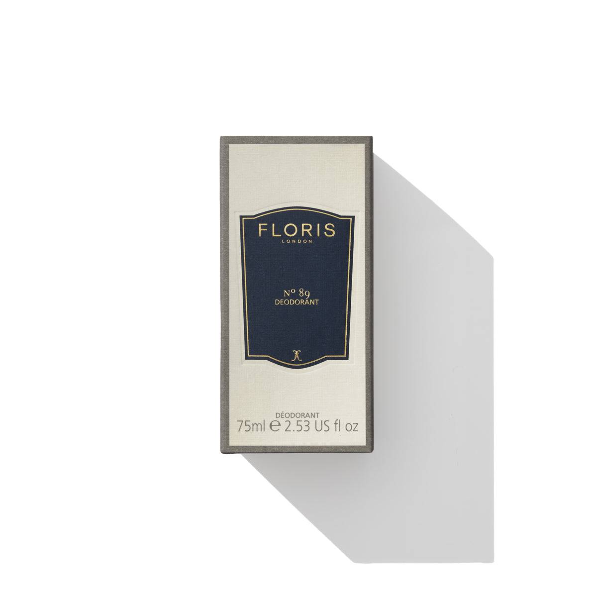 Box of Floris London No. 89 - Deodorant Stick, 75ml, with hints of bergamot and lavender, shown against a white background with a shadow on the right side.