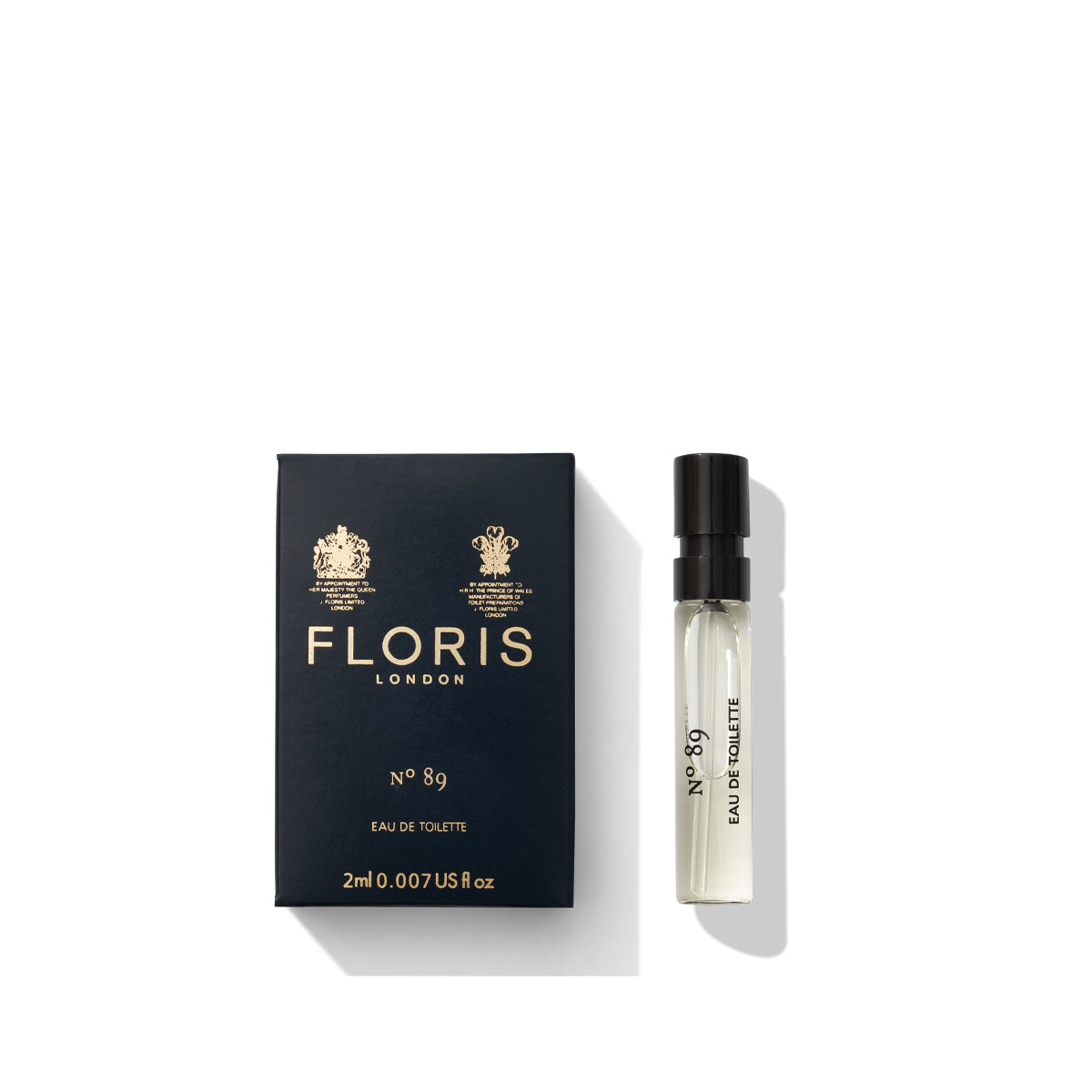 Floris London's No. 89 Eau de Toilette sample, a quintessential fragrance for gentlemen, sits elegantly next to its box on a pristine white background.