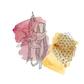 Illustration of a flower on a pink watercolor background and a honeycomb on a yellow background.
