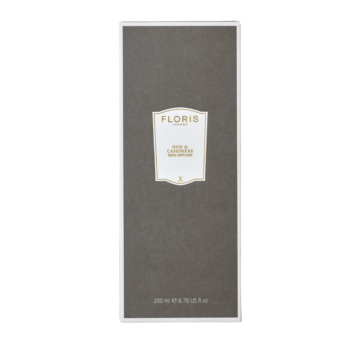 A 200 ml Floris London Oud & Cashmere Reed Diffuser in a rectangular gray box with white borders and gold accents, perfect for home fragrance.