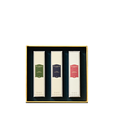Floris London US Perfumer's Trilogy: For Him boxed set includes three perfume bottles in white packaging with green, blue, and red labels.