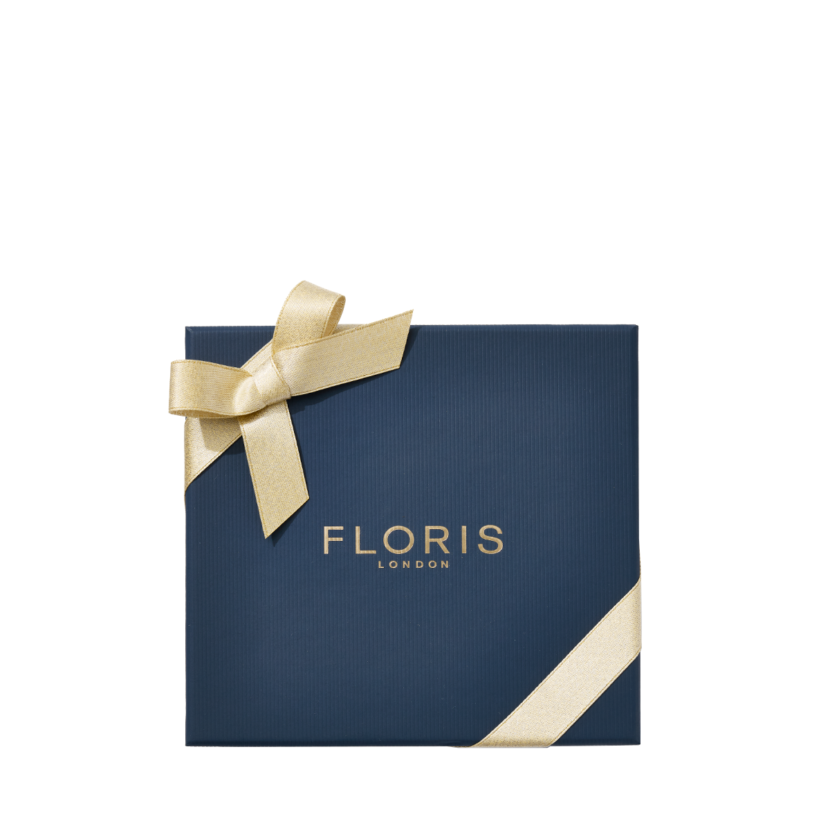 Floris London US Perfumer’s Trilogy: For Her gift box in navy blue, topped with a gold ribbon and bow, displayed on a white background.