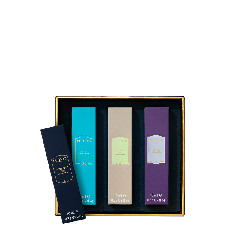 The Perfumer's Trilogy: Pick Your Own by Floris London is a customizable gift set in a black and gold box, with one bottle displayed elegantly outside.
