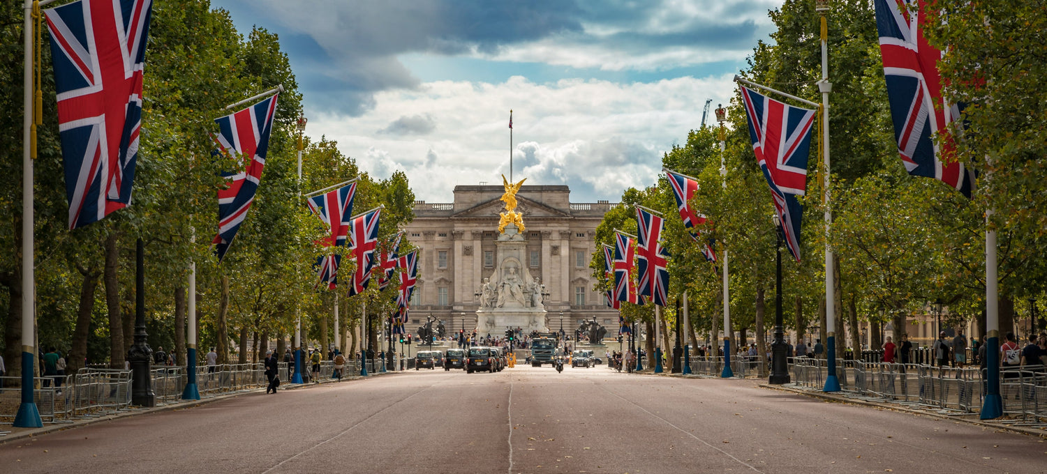 Buckingham Palace with Great British Flags either side