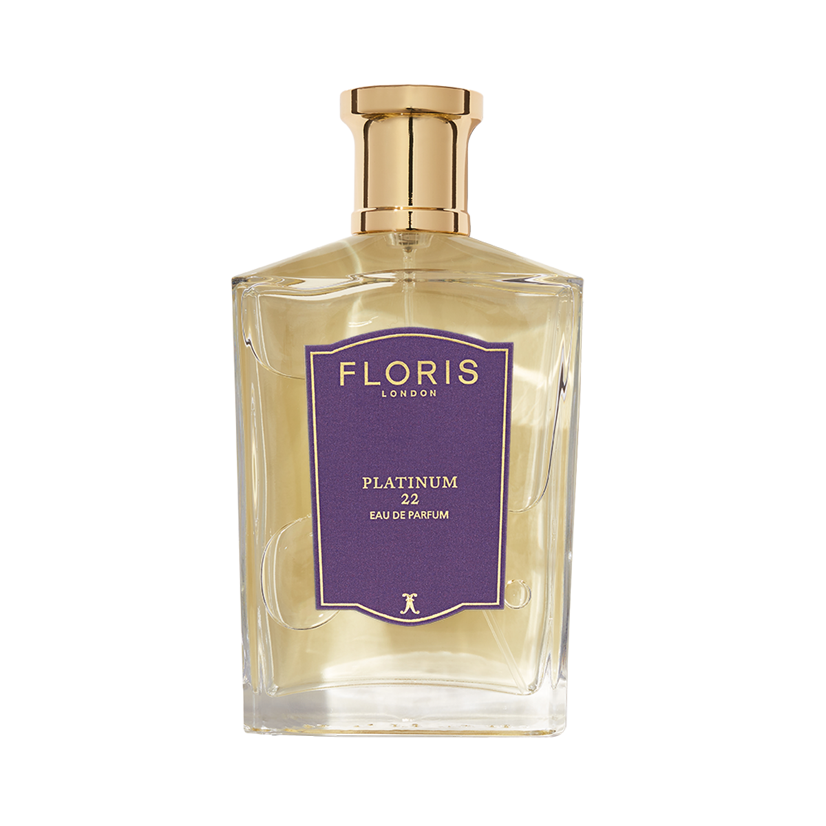 The Floris London Platinum 22 Eau de Parfum features a gold cap and purple label, ideal for those who appreciate luxurious fragrances.