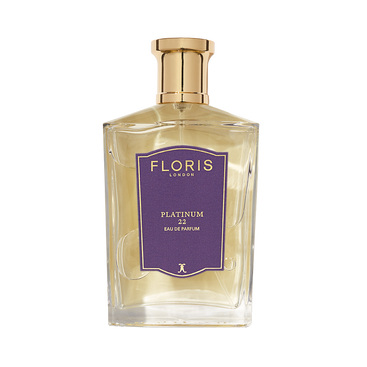 The Floris London Platinum 22 Eau de Parfum features a gold cap and purple label, ideal for those who appreciate luxurious fragrances.
