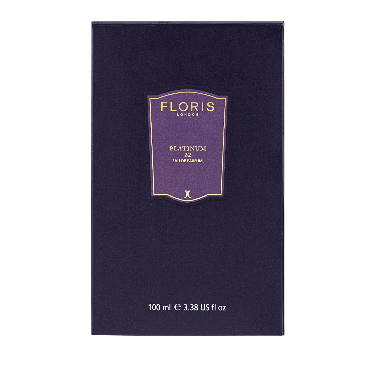 A 100ml dark purple box of Floris London Platinum 22 - Eau de Parfum with gold and white text—luxury scent for the refined.