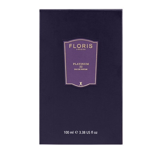 A 100ml dark purple box of Floris London Platinum 22 - Eau de Parfum with gold and white text—luxury scent for the refined.
