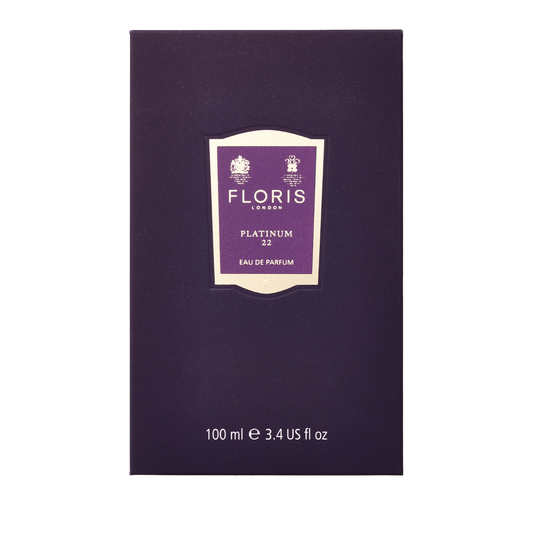 A 100ml Floris London Platinum 22 - Eau de Parfum box in purple with gold and white labels—luxury fragrance defined.