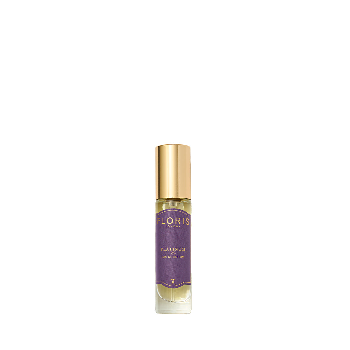 Perfume bottle with a gold cap, featuring Floris London's "Platinum 22" Eau de Parfum, adorned with a purple label.