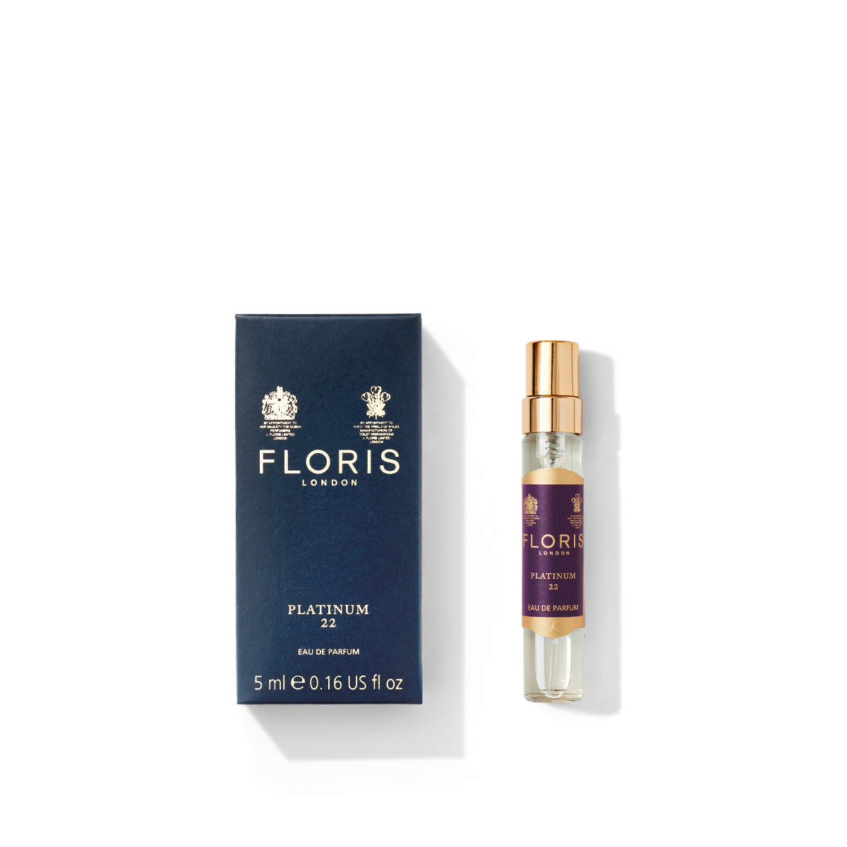 Floris London presents the Platinum 22 5ml (BF) Eau de Parfum, a vegan fragrance adorned with a gold cap, elegantly showcased against a pristine white background.