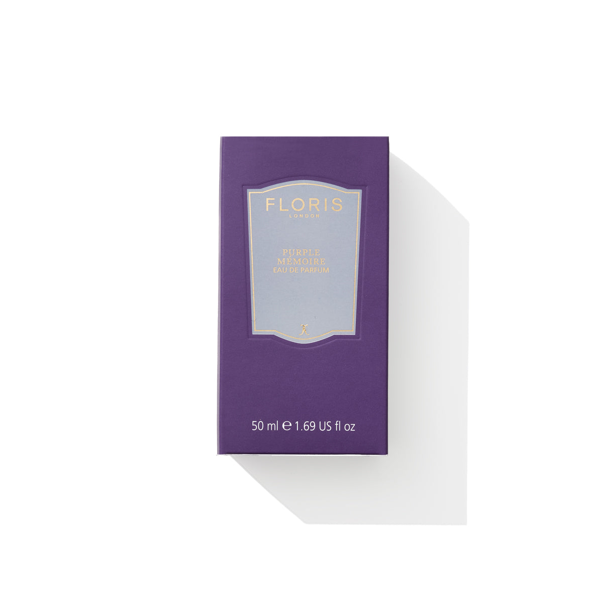 Purple Mémoire - Eau de Parfum by Floris London, 50ml box with silver label, casting a shadow on white—English charm with sophistication.