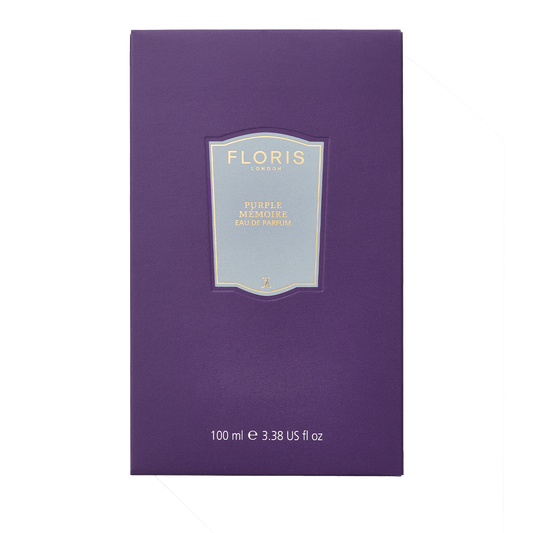 A 100 ml Floris London Purple Mémoire Eau de Parfum box with gold and white label—a sophisticated fragrance with English charm.