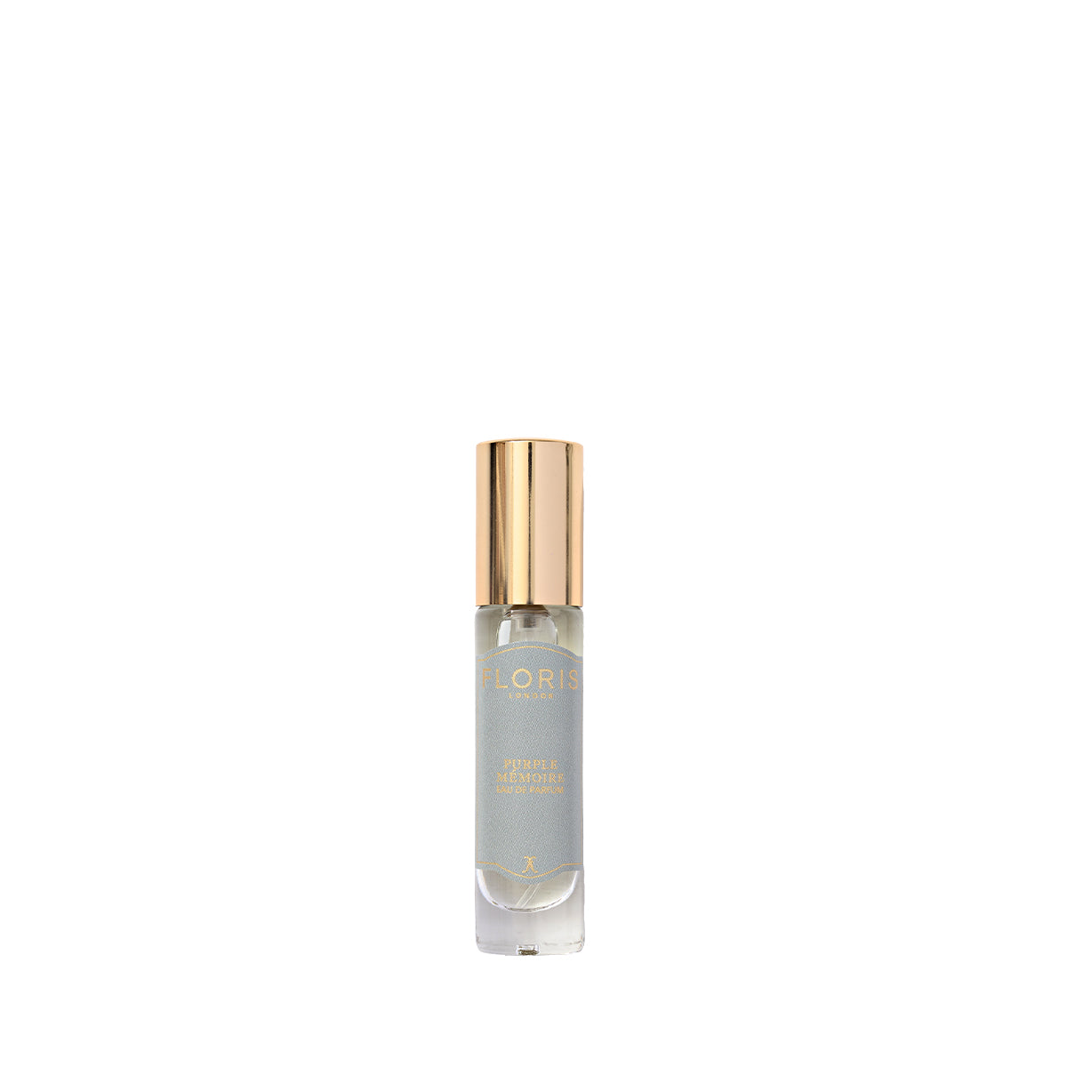 A small perfume bottle with a gold cap labeled "Floris London" showcases Purple Mémoire - Eau de Parfum against a pristine white background.
