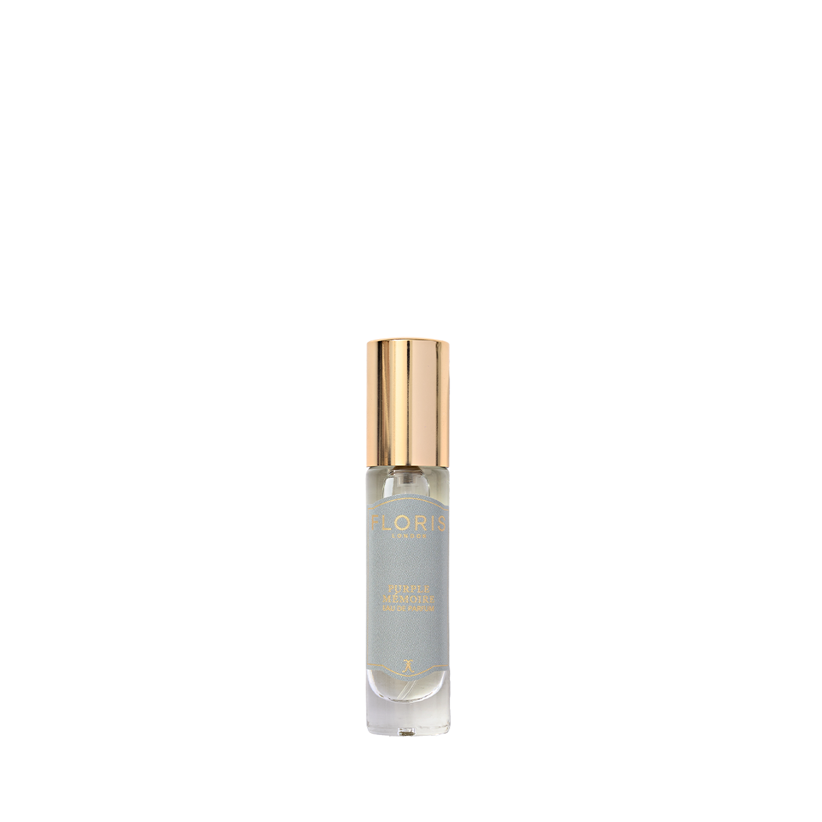 A small, cylindrical Purple Mémoire - Eau de Parfum bottle from Floris London UK with a gold cap and a light purple label.