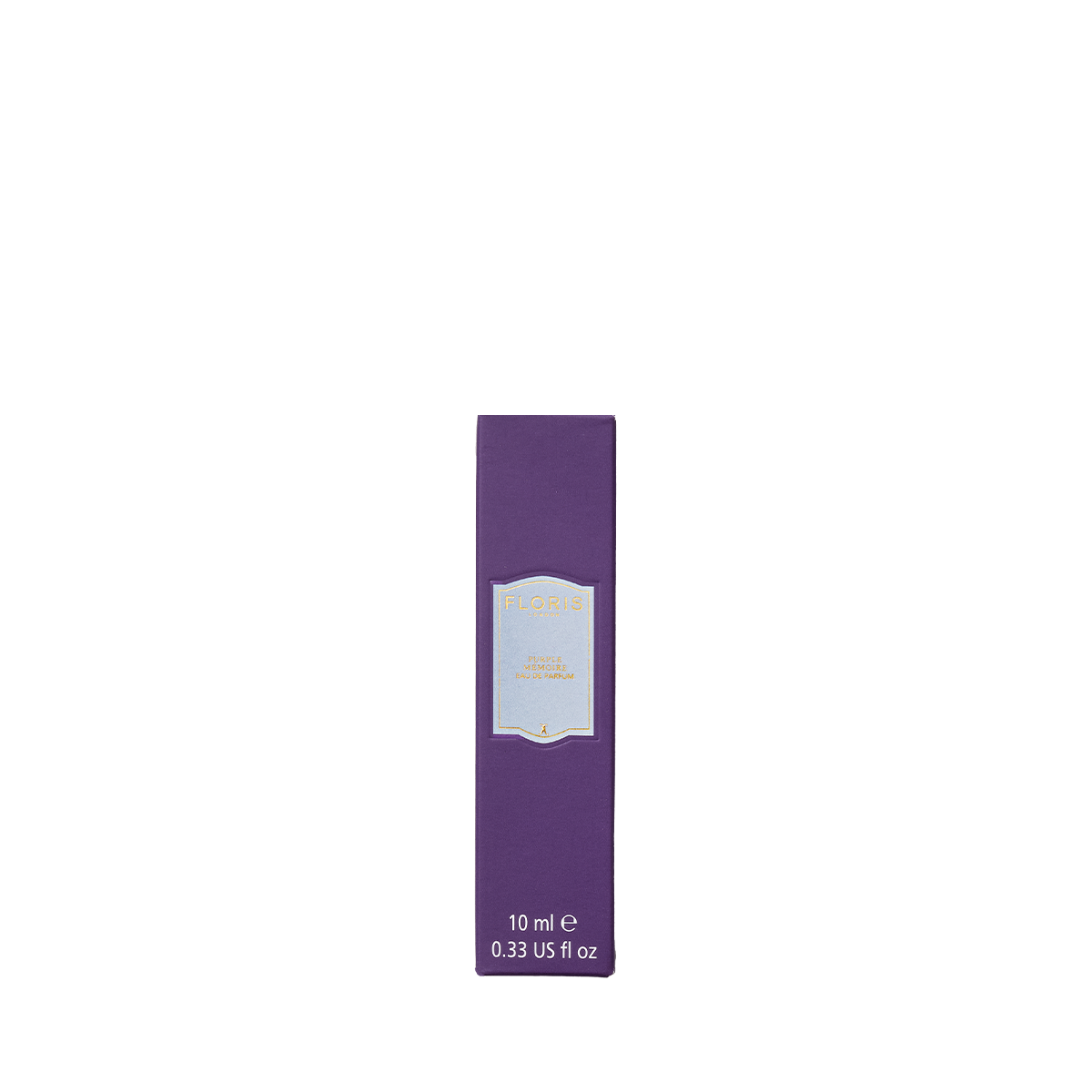 A 10 ml Purple Mémoire - Eau de Parfum box by Floris London stands upright on a white background, exuding English charm and elegance.