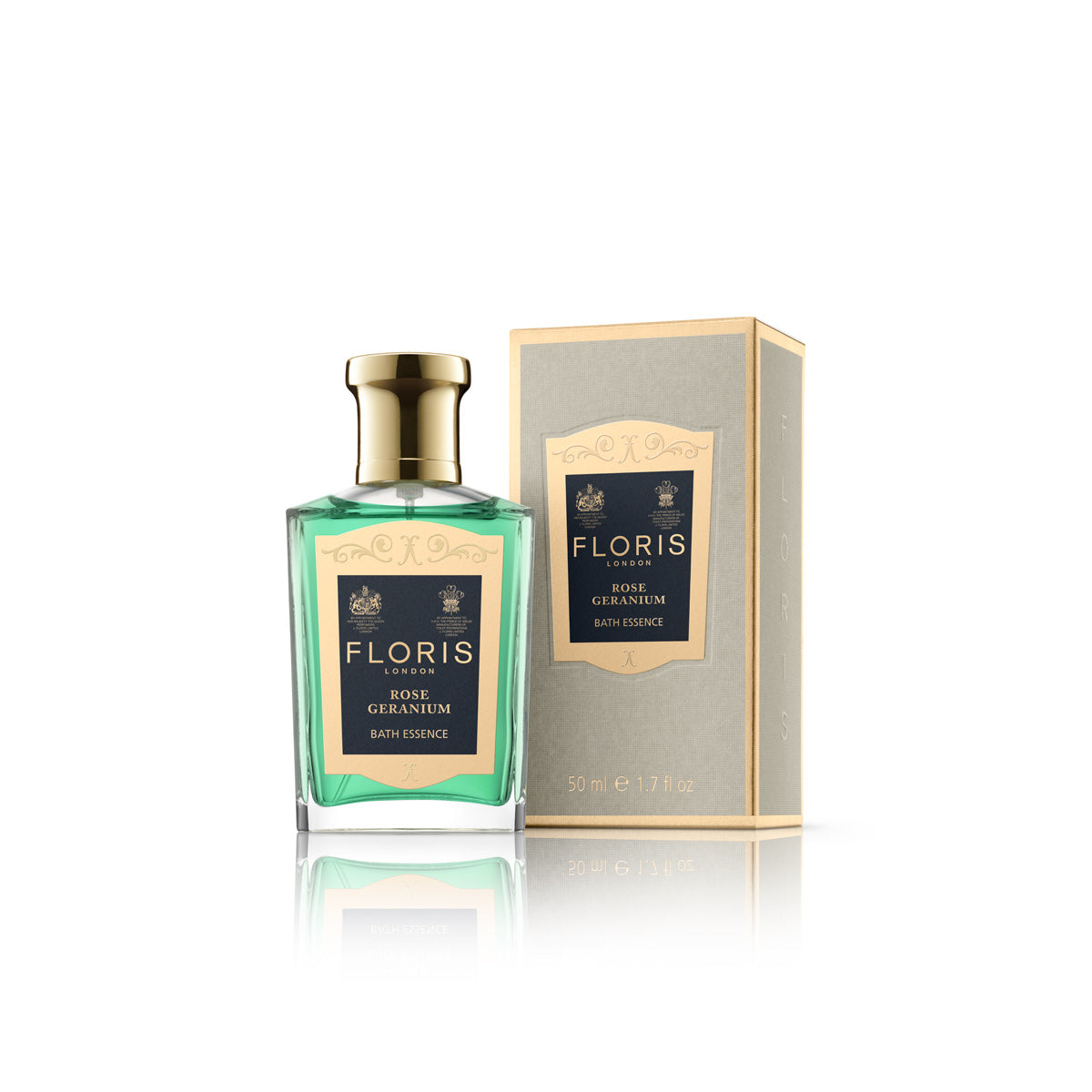 Floris London's Rose Geranium Bath Essence in elegant gold and black packaging softens skin with every drop, reminiscent of fine perfume.