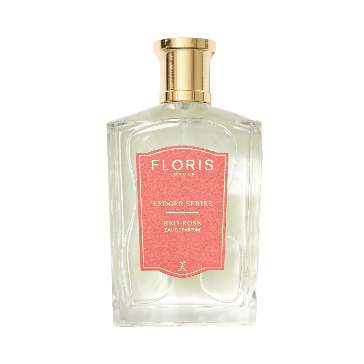 Clear glass Red Rose perfume bottle by Floris London, gold cap, pink label—Ledger Series—for a truly fragrant rose scent.