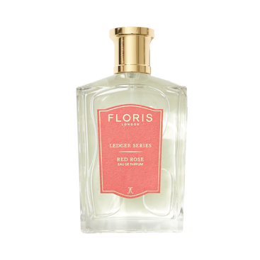 Clear glass Red Rose perfume bottle by Floris London, gold cap, pink label—Ledger Series—for a truly fragrant rose scent.
