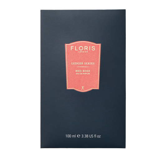 Floris London Red Rose Eau de Parfum offers an elegant rose scent in a dark blue 100 ml (3.38 US fl oz) bottle.