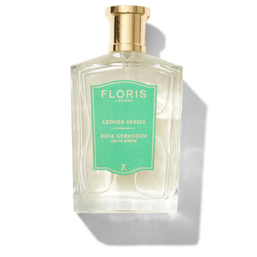 Rose Geranium perfume bottle by Floris London US, highlighting the elegant bottle design .