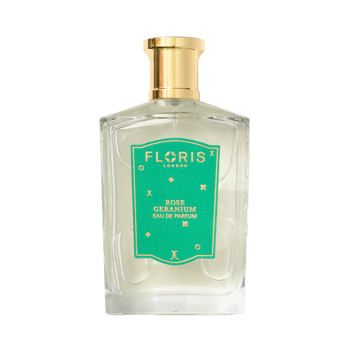 Clear glass perfume bottle with a gold cap and a green label reading "Rose Geranium | Limited Edition" by Floris London US.