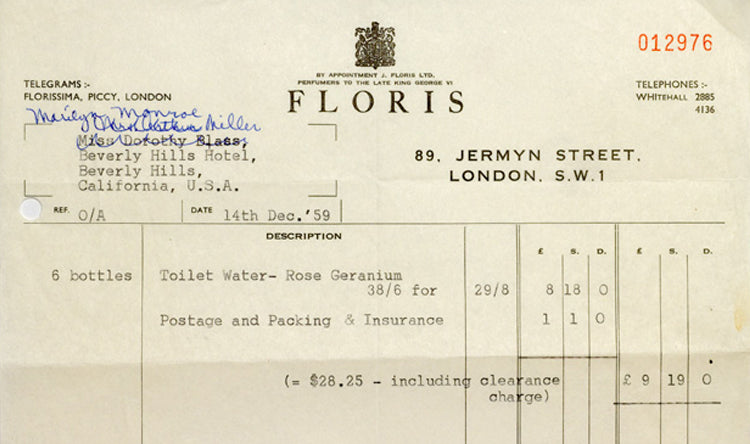 Old receipt from Floris in London dated Dec. 14, 1959 for 6 bottles of Rose Geranium Toilet Water sent to Beverly Hills.