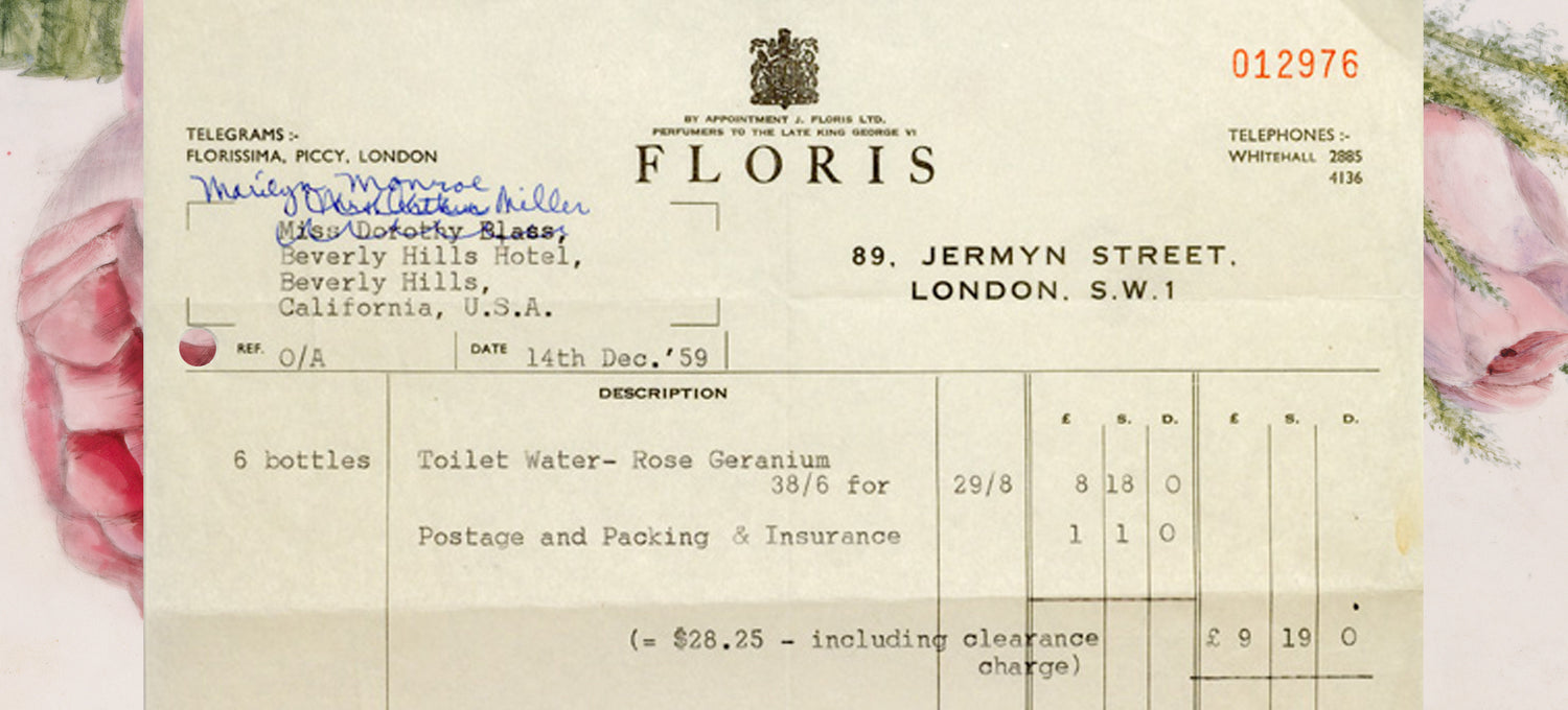 Vintage 1959 Floris invoice for Mrs. Dorothy Elders for rose geranium toilet water, postage, packing, and insurance.