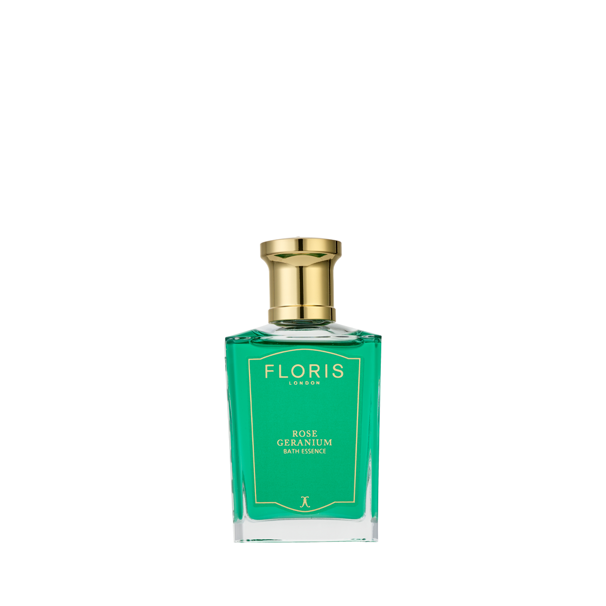 Floris London Rose Geranium - Bath Essence: a luxurious bath treat for soft, refreshed skin, elegantly bottled with a gold cap and green label.