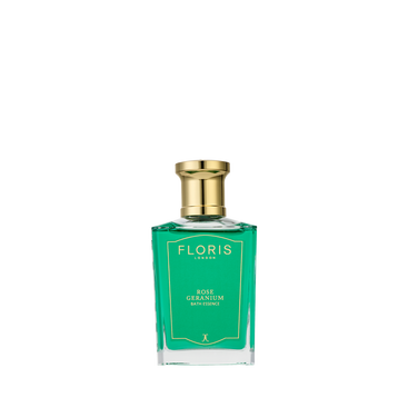 Floris London Rose Geranium - Bath Essence: a luxurious bath treat for soft, refreshed skin, elegantly bottled with a gold cap and green label.