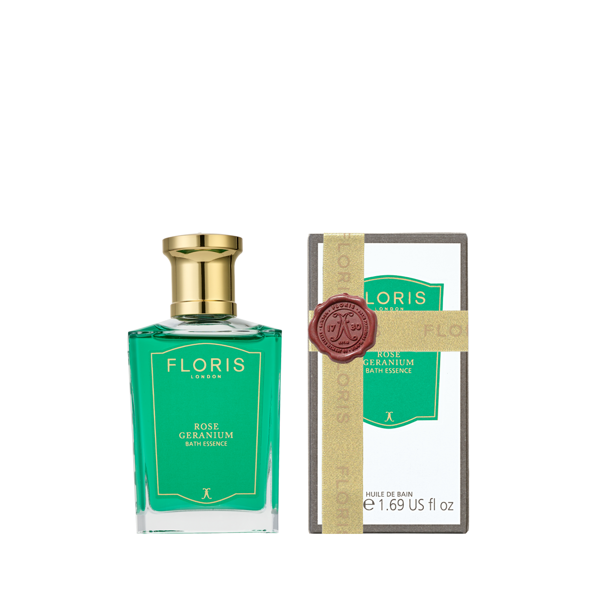 A glass bottle of Floris London Rose Geranium - Bath Essence next to its matching rectangular box.