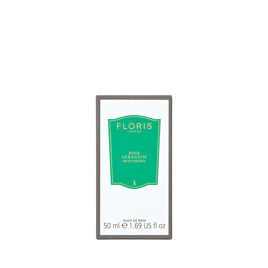 Floris London Rose Geranium Bath Essence, 50ml: indulge in a scented bath that leaves your skin silky smooth. Green and white label.