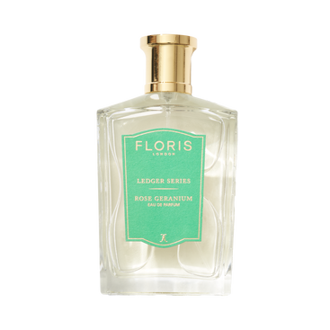 The Floris London Rose Geranium perfume bottle, featuring a gold cap and green label, embodies floral grace and aromatic allure.