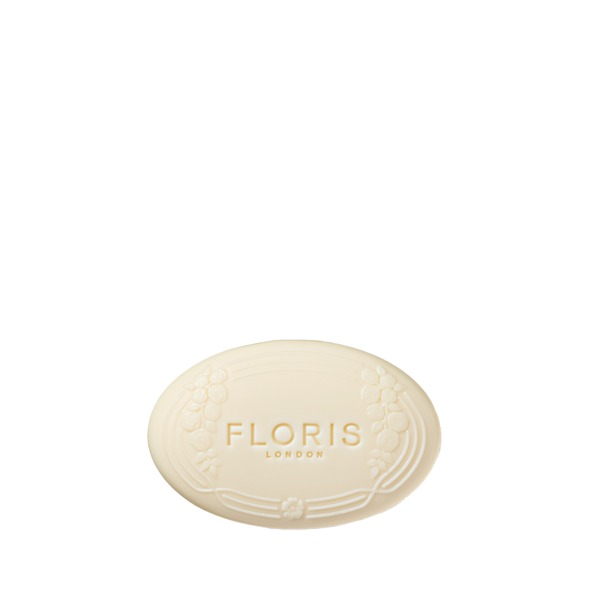 Oval bar of Rose Geranium - Luxury Soap by Floris London, featuring a floral border and vegetable base, embossed with the brand name on white.