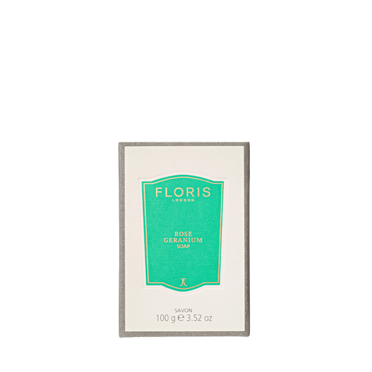 Floris London Rose Geranium Luxury Soap, 100g, in white and green packaging with a refreshing floral scent.
