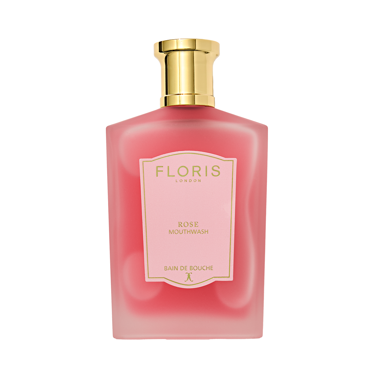 A pink Floris London Rose Mouthwash bottle with a gold cap and a pink-and-gold label.