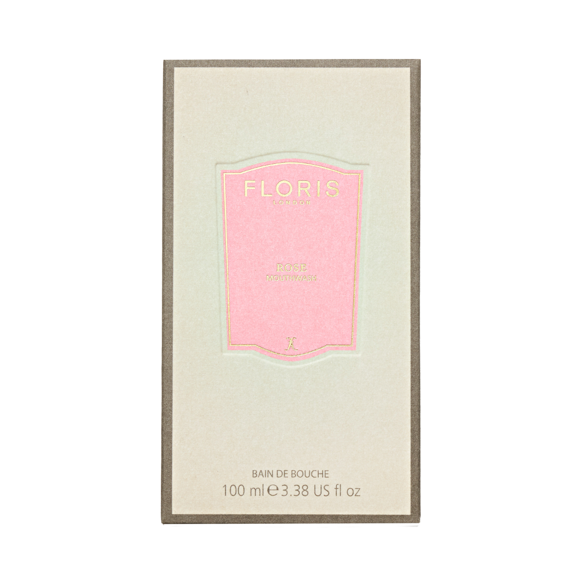 Beige Floris London box with a pink label, featuring "Rose - Mouthwash," a 100ml concentrated mouthwash made with pure rosewater.