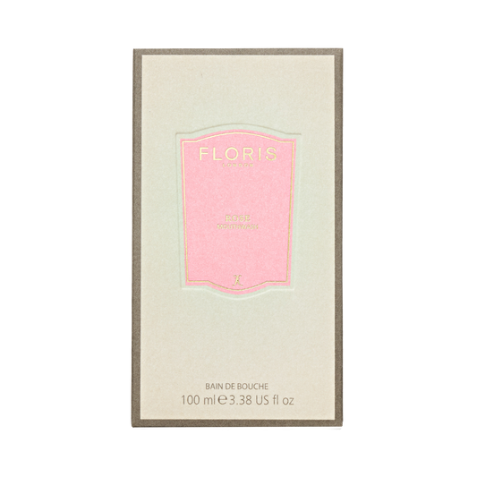 Beige Floris London box with a pink label, featuring "Rose - Mouthwash," a 100ml concentrated mouthwash made with pure rosewater.