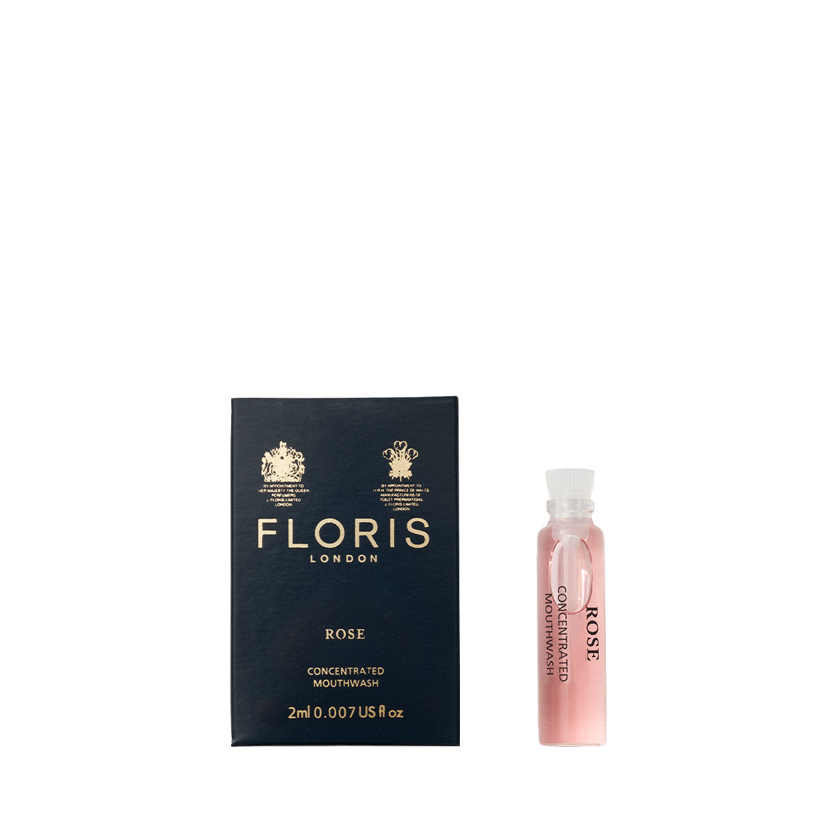 Floris London's Rose - Mouthwash features a bottle beside a black box with gold text, highlighting its pure rosewater essence.
