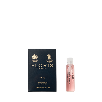 Floris London Rose - Mouthwash box and a small pink vial of mouthwash are displayed on a white background.