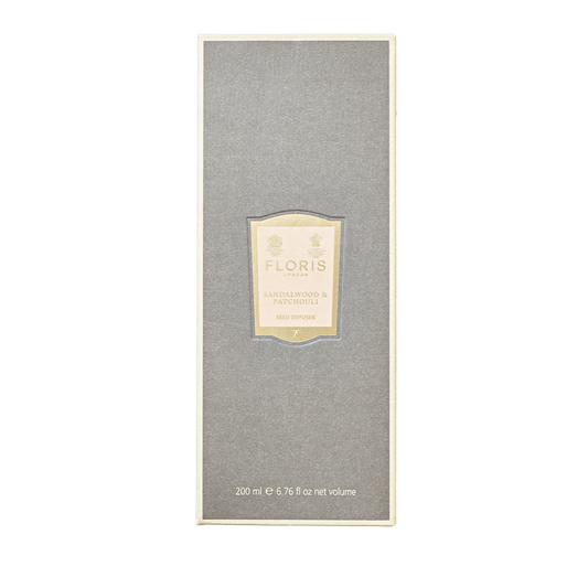 Floris London Sandalwood & Patchouli Reed Diffuser, 200ml, features woody amber notes for a sophisticated touch.