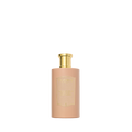 A beige Floris London Sandalwood & Patchouli bottle with a golden cap sits elegantly against a white backdrop, exuding rose and sandalwood hints.