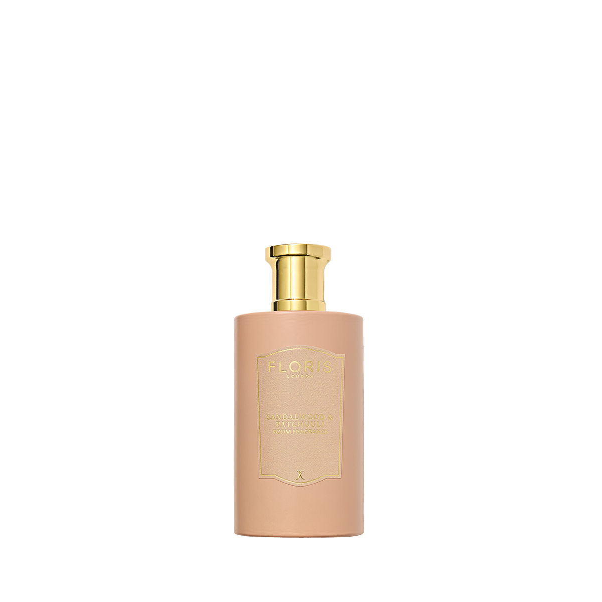 A beige bottle of Floris London Sandalwood & Patchouli Room Fragrance with a gold cap, centered on white, featuring notes of sandalwood and patchouli.